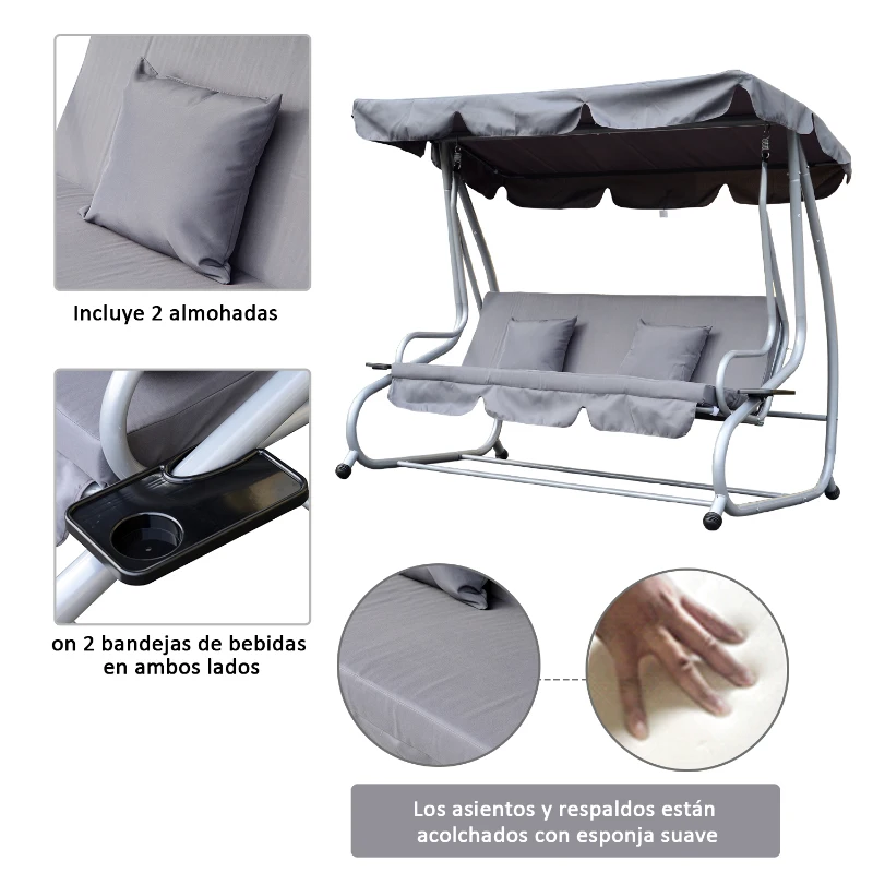 Outsunny Columpio Balancín Jardín 3 Plazas Convertible en Cama Techo Parasol Regulable Bandeja para Bebida Terrza Balcón Exterior Carga máx. 340kg Acero 200x120x164cm Gris