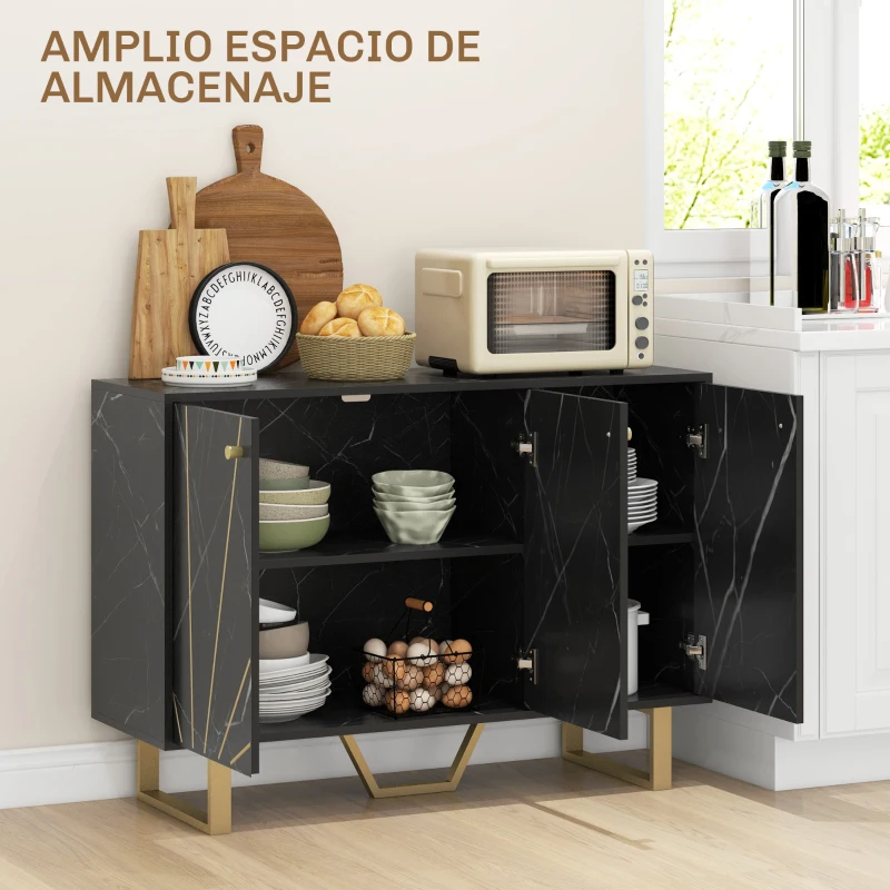 HOMCOM Aparador de Salón con 2 Armarios y Estante Interior Ajustable Buffet acabado Efecto Mármol 107x35x75 cm Negro y Dorado