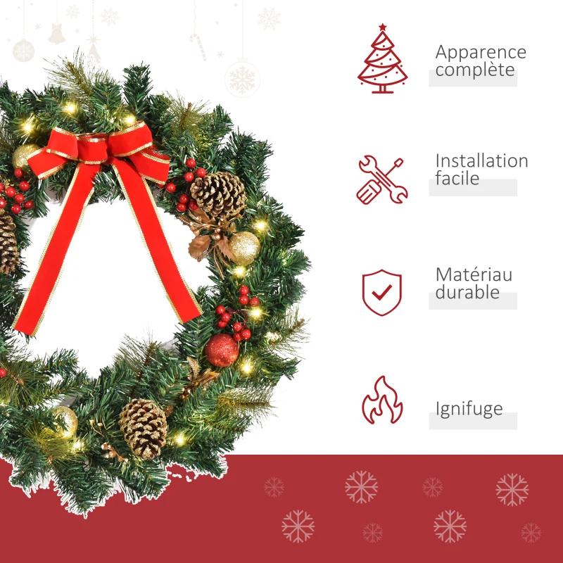 HOMCOM Couronne de Noël artificielle lumineuse avec 20 LED de 60 cm - décorée de houx et de pommes de pin