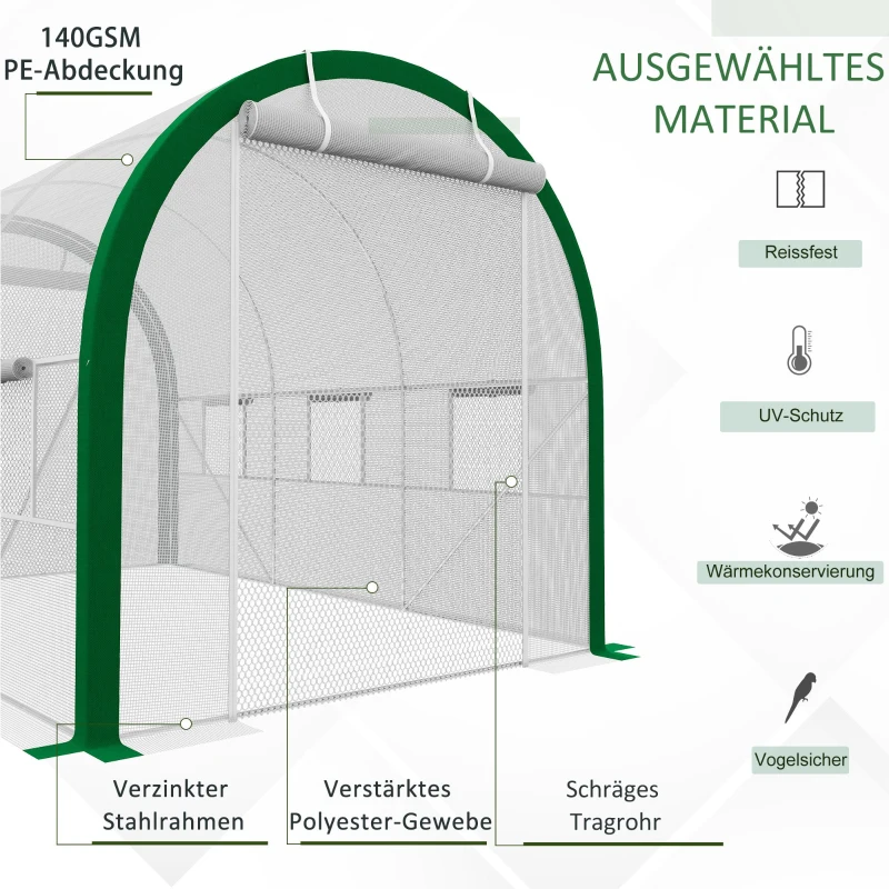 Outsunny Tunnel-Gewächshaus, Treibhaus, Reißverschlusstüren, Netzfenster, Metallrahmen, 3,5 x 2 x 2m, Weiß