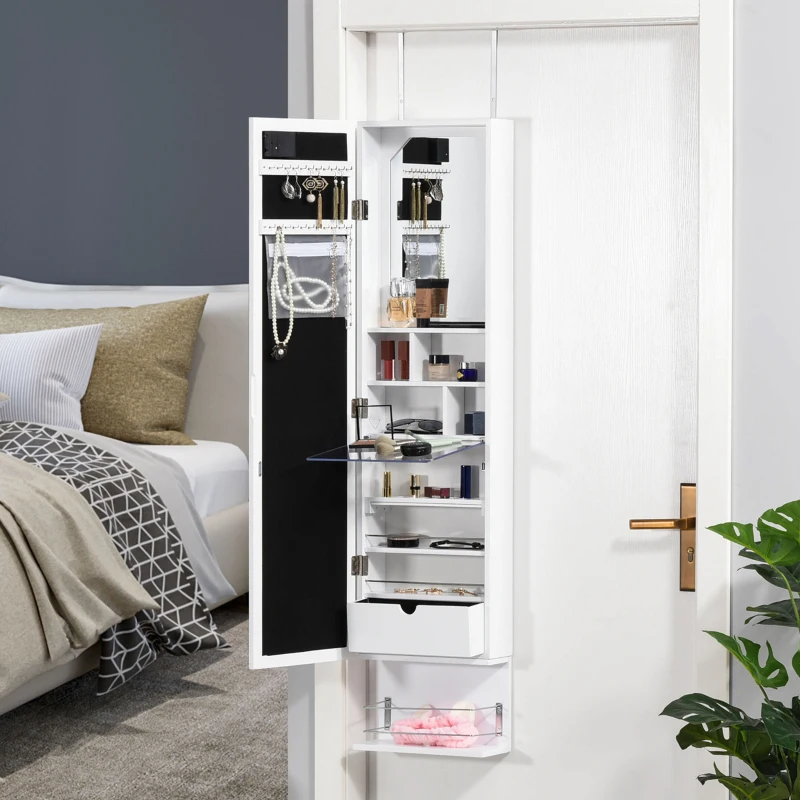 HOMCOM Espejo Joyero Colgante de Pared o Puerta Armario de Joyería con 18 Luces LED Altura Ajustable y Estante Abierto Organizador de Joyas 31,7x13,4x130 cm Blanco