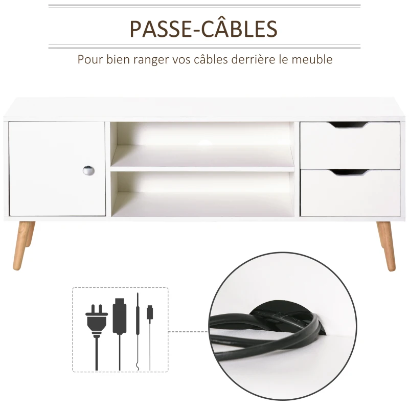 HOMCOM Meuble TV Banc TV Style scandinave Placard 2 niches 2 tiroirs Passe-Fils Panneaux Particules Blanc Bois pin