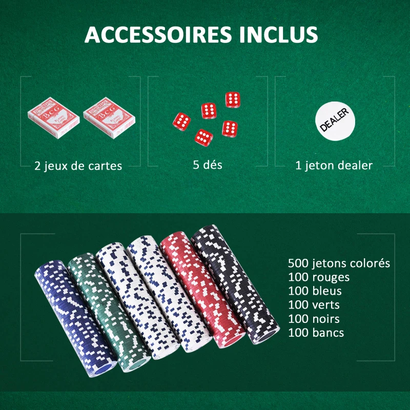 HOMCOM Mallette de Poker Coffret de Poker Complet avec 500 jetons 2 Jeux de Cartes + 5 dés Bouton Dealer 2 clés alu.