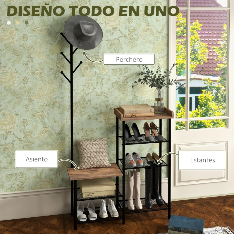 HOMCOM Perchero con Zapatero Industrial con 5 Estantes y 6 Ganchos para Colgar Bolsos Ropa 92.5x28.2x182 cm Marrón Rústico
