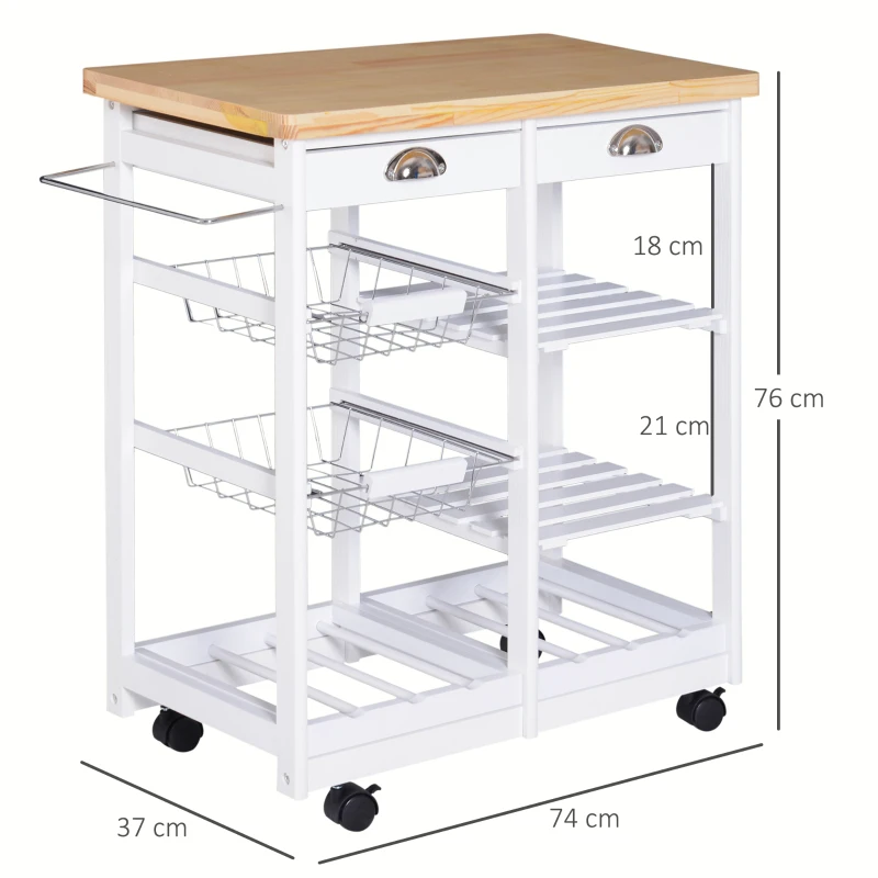 HOMCOM Carrello da Cucina Multiuso con 2 Cassetti, 2 Ripiani e 2 Cesti, in Legno di Pino, 74x37x76 cm, Bianco
