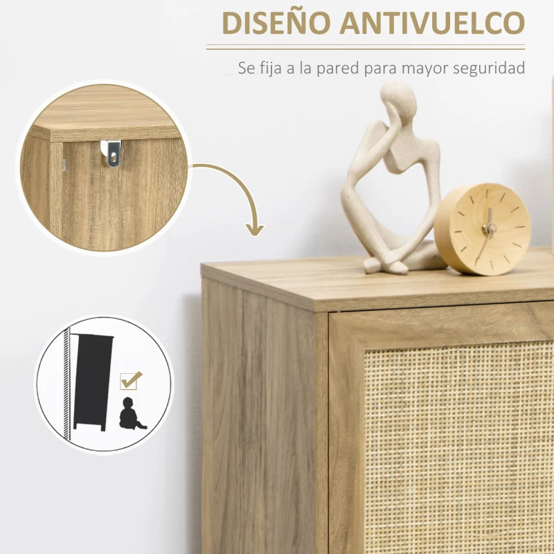 HOMCOM Aparador Mueble Auxiliar de Cocina con Puerta de Ratán y 2 Estantes de Almacenaje para Salón 80x39x70 cm Natural
