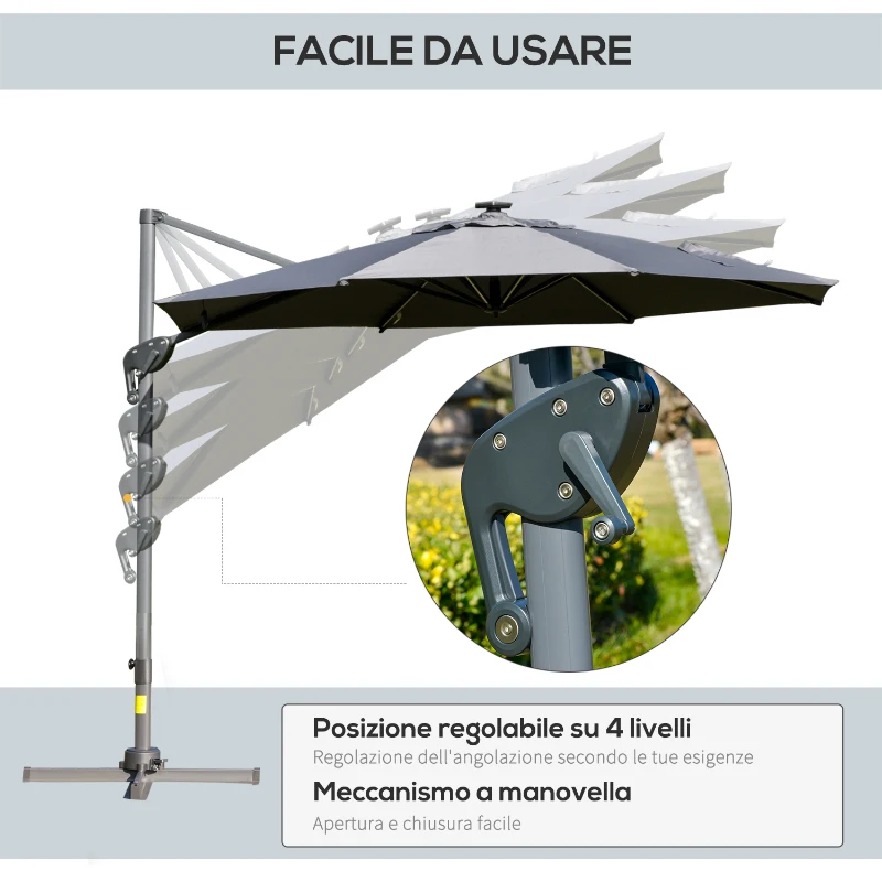 Outsunny Ombrellone a Braccio per Esterno con Luci a LED e Angolazione Regolabile, Ø3x2.5A m, Grigio