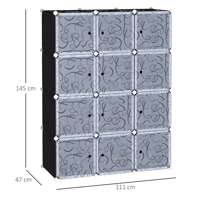 HOMCOM Armario Modular Plástico Estantería 12 Cubos con Puertas para Almacenamiento de Ropa Armario Ropero Organizador para Almacenamiento Juguetes y Libros Montaje en Bricolaje