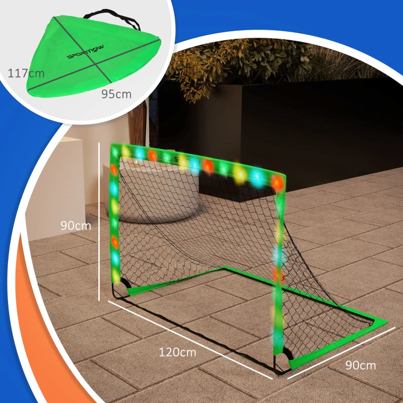 SPORTNOW Juego de 2 Porterías de Fútbol para Niños Porterías de Fútbol Plegables con Luz LED 120x90x90 cm Verde