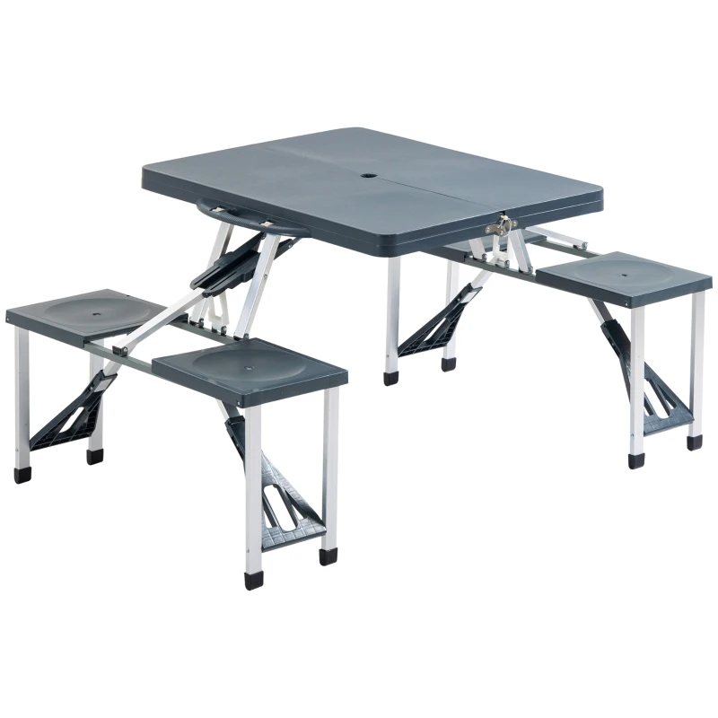 Outsunny Mesa Maleta de Camping Plegable Portátil 4 Asientos y Agujero Sombrilla Estructura Aluminio Playa Picnic 136x84,5x66 cm (Gris)