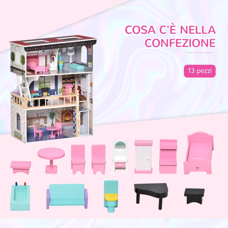HOMCOM Casa delle Bambole in Legno a 3 Piani con Ascensore e Accessori, per Bambini 3-6 Anni, 60x30x80 cm, Rosa