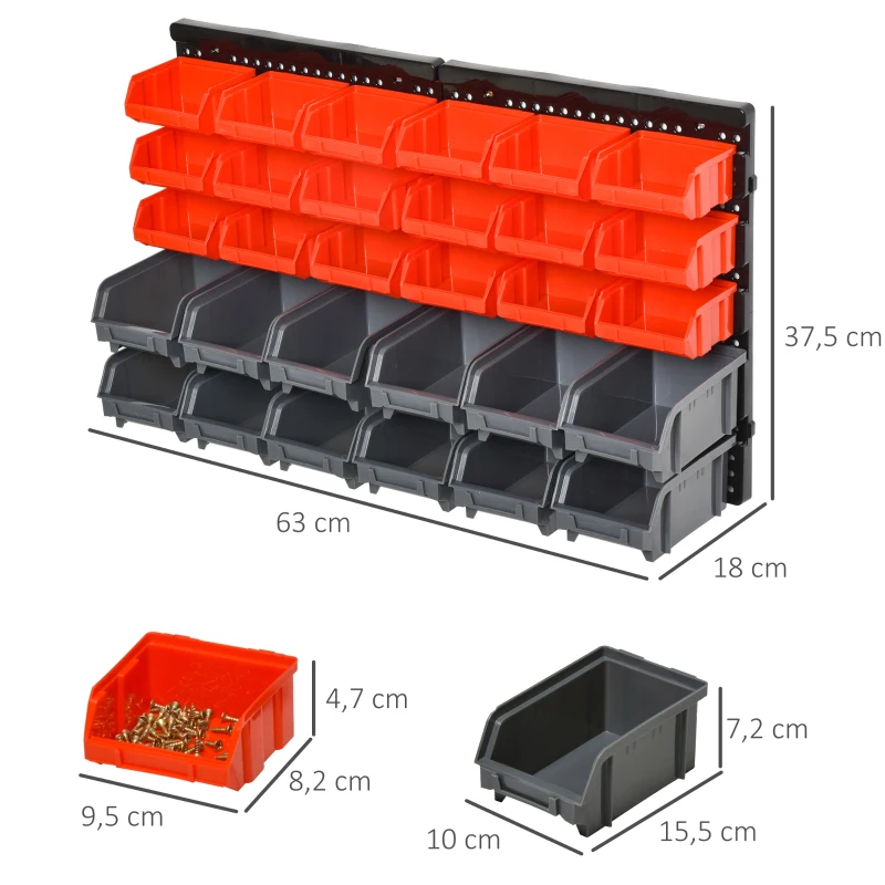 DURHAND Aufbewahrungs-System Wandregal mit Stapelboxen, 30 Boxen, 2 Lochplatten, 37,5 cm x 18 cm x 63 cm, Rot + Grau+ Schwarz