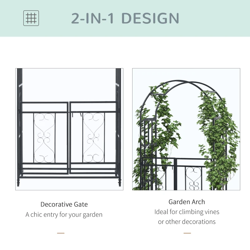 Outsunny Outdoor Garden Arch with Double Gates, Metal Garden Arbor for Climbing Plants, Roses, Vines, Wedding Arch for Outdoor, 114L x 50W x 206H cm, Dark Grey