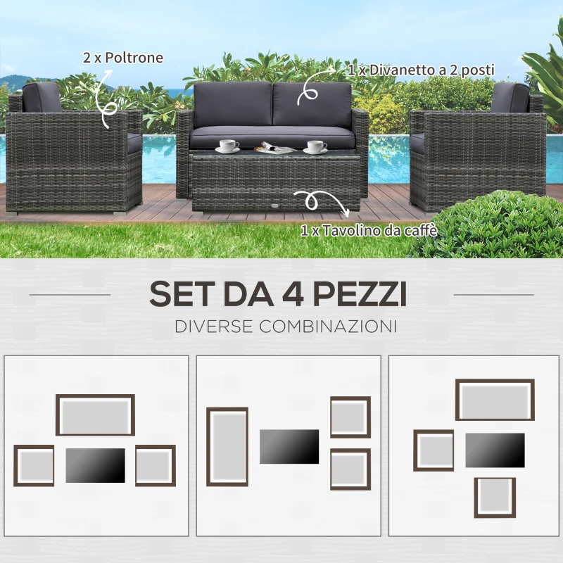 Outsunny Set da Giardino 4 Pezzi in Rattan PE e Acciaio, con Divano, 2 Poltrone e Tavolino da Caffè, Grigio