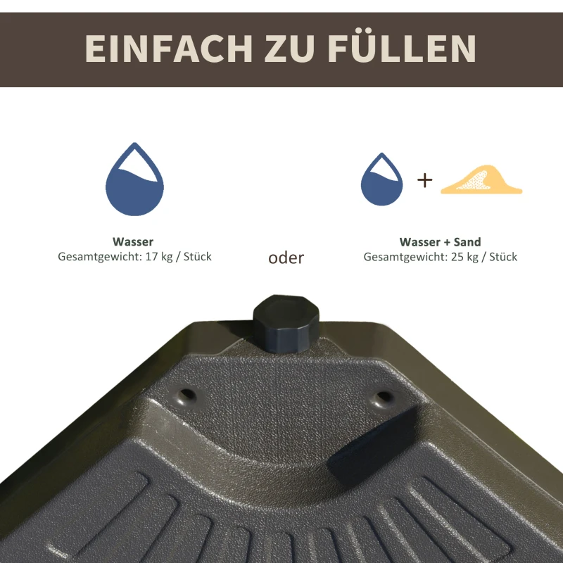 Outsunny Sonnenschirmständer 4-teilig, Schirmgewicht, Schirmständer, Bodenkreuz befüllbar mit Sand/Wasser bis 25/17 kg, Gewichte Sonnenschirmfuß HDPE Kaffee