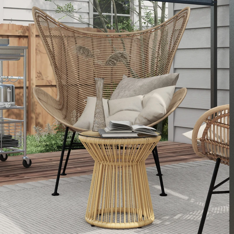Outsunny Mesa de Ratán Sintético Redonda con Encimera de Cristal y Marco de Metal Carga 30 kg para Patio Jardín Ø40x42 cm Beige