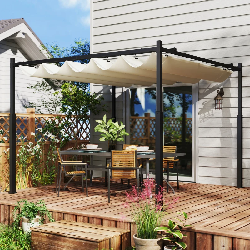 Outsunny Gazebo Pergola 3x3 m con Tettuccio Retrattile, 8 Viti e 8 Picchetti, in Poliestere 180g e Metallo, Bianco Crema