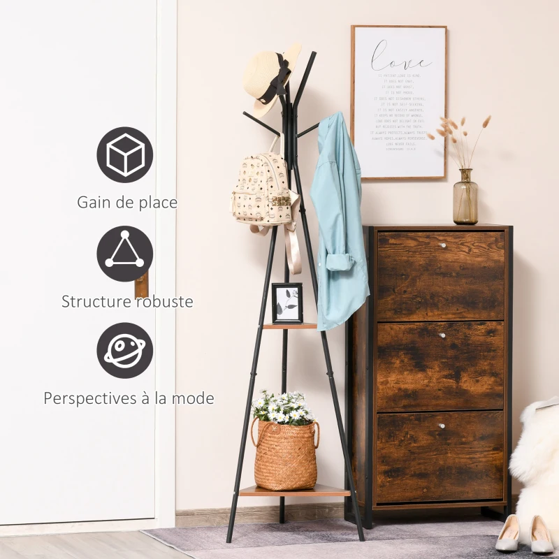 HOMCOM Porte-manteau trépied style industriel branches 2 étagères + 6 patères dim. 52L x 46l x 182H cm métal noir panneaux particules boisés