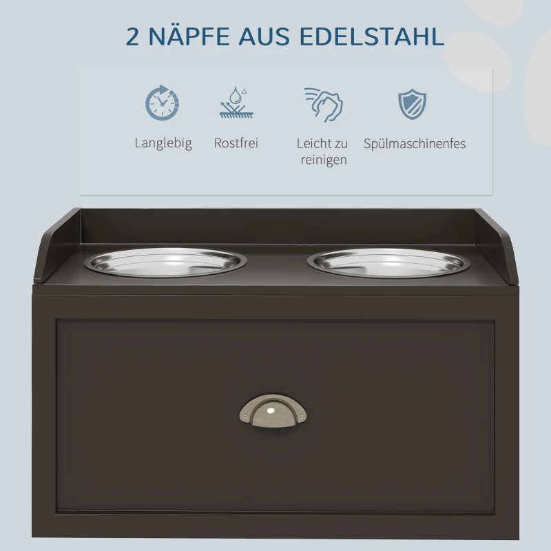 PawHut Futterstation Erhöhte Fressnäpfe 2 Fressnäpfe, 2 Edelstahlschalen, 1 Stauraum, 60 x 30 x36 cm, Braun