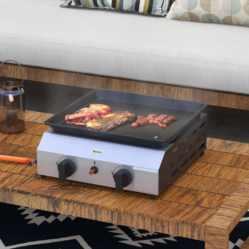 Outsunny Plancha gaz en acier inox émaillé 2 brûleurs 4,8 kW antiadhésive grande surface de cuisson 40L x 34l cm, transportable