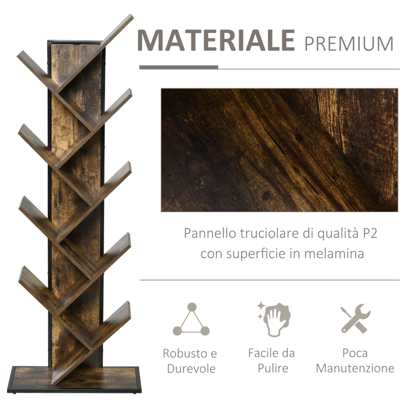 HOMCOM Libreria ad Albero in Legno, Scaffale Salvaspazio a Colonna con 10 Ripiani in Stile Industriale, 50x28x142cm