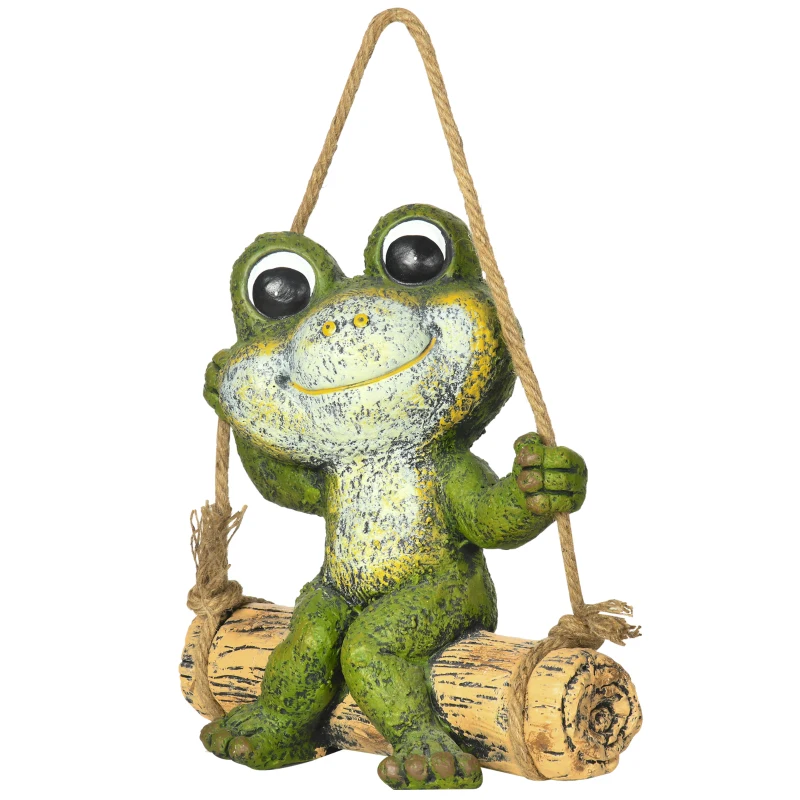 Outsunny Hanging Garden Statue, Vivid Frog on Swing Art Sculpture, Outdoor Ornament Home Decoration, Green