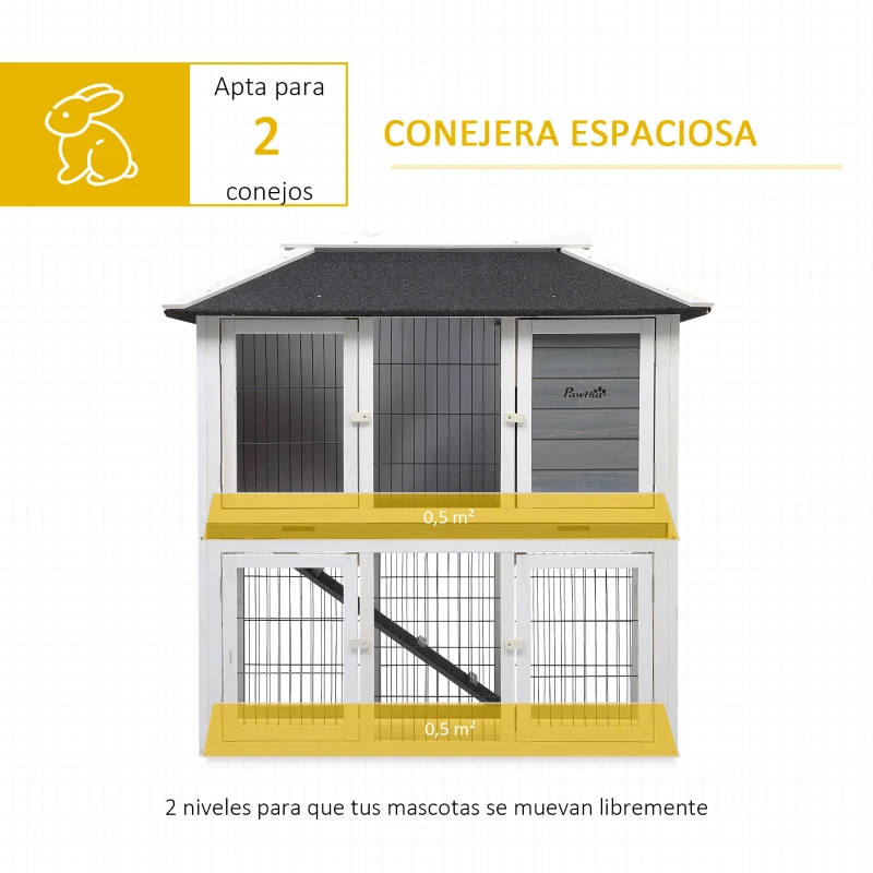 PawHut Conejera de Madera Exterior Jaula Elevada para 2 Conejos con Techo Asfáltico Corral de Metal Bandeja Extraíble Múltiples Puertas y Rampa 117x62,5x115 cm Gris