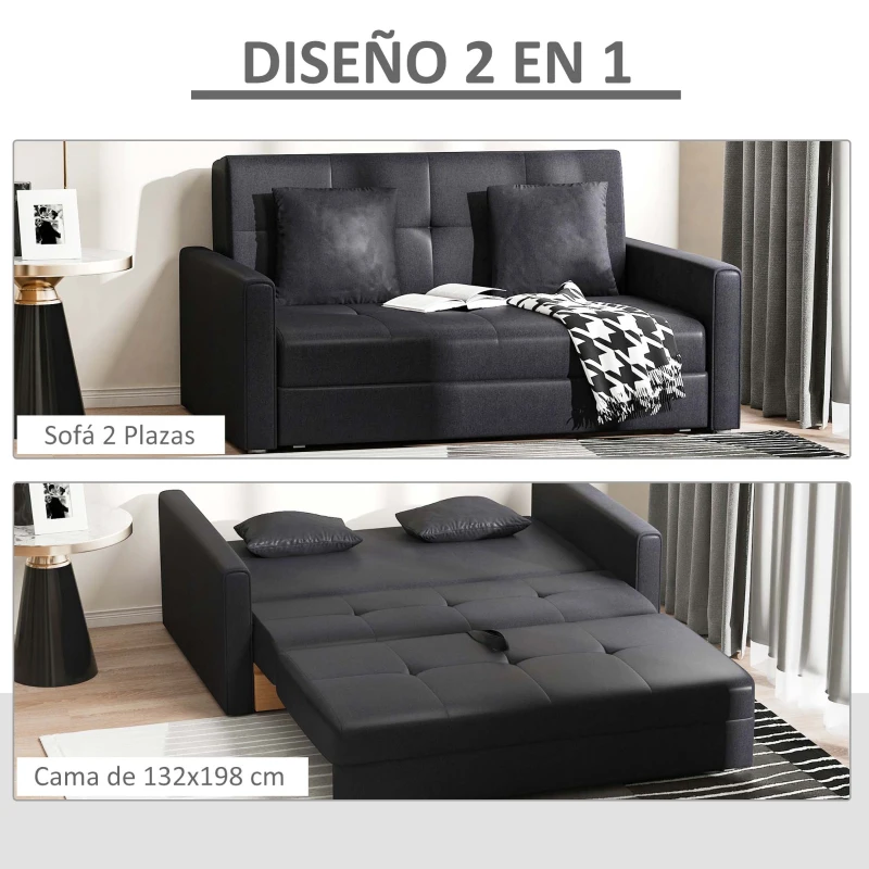 HOMCOM Sofá Cama de 2 Plazas Sofá Cama Tapizado en Poli Algodón con 2 Cojines Desmontables y Espacio de Almacenamiento Sofá Doble para Salón Oficina  152x101x81 cm Gris Carbón