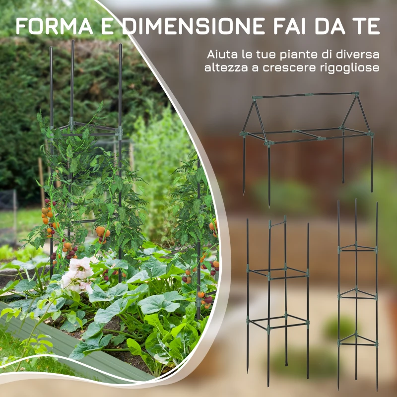 Outsunny Sostegni Pomodori a 3 Livelli in Acciaio e PP per Piante, Frutti e Ortaggi Rampicanti, 38x38x182 cm, Verde