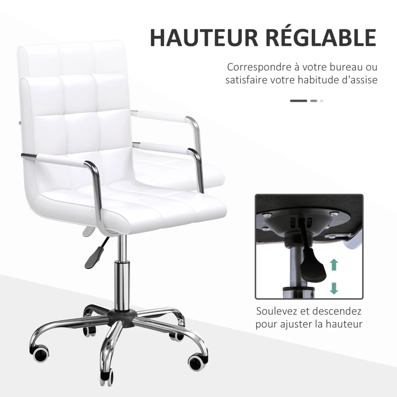 HOMCOM Lot de 2 chaises de bureau fauteuil manager pivotant hauteur réglable revêtement synthétique capitonné blanc