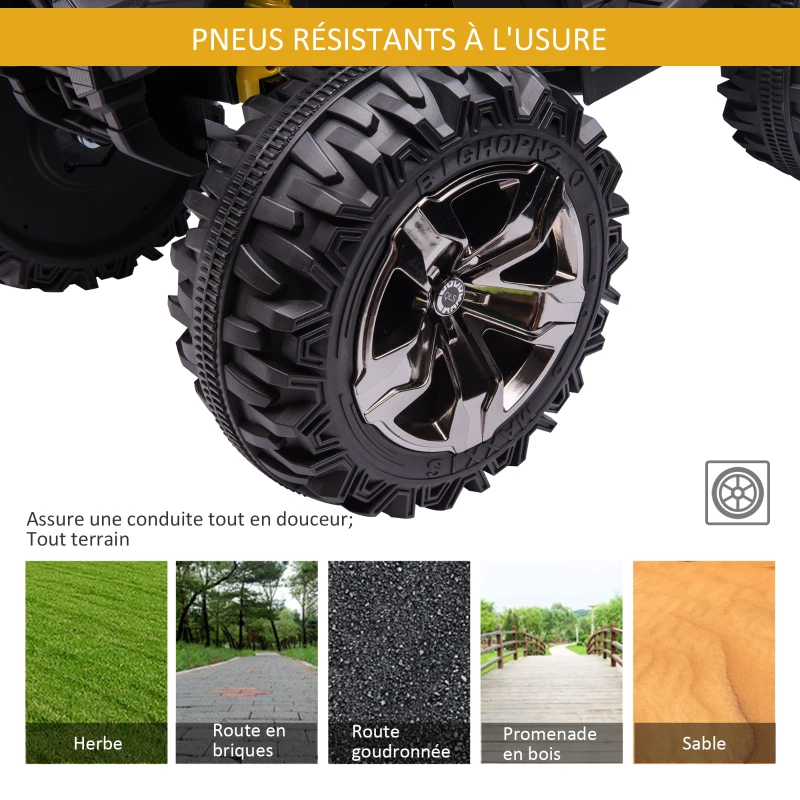 HOMCOM Quad Buggy électrique Enfant 12 V 8 Km/h Max. Voiture électrique Enfant avec Effets Lumineux sonores Selle avec Dossier Porte-Bagage Avant métal PP Jaune Noir(m-6)
