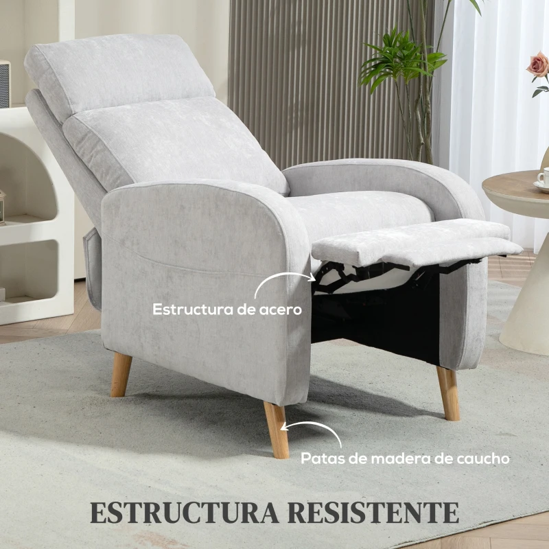HOMCOM Sillón Relax Reclinable Tapizado en Lino Sintético con Reposapiés y Bolsillo Lateral Carga 120 kg Gris Claro(m-7)
