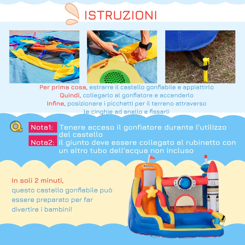 Outsunny Gioco Gonfiabile per Bambini 3-8 Anni a tema Spazio con Borsa, 11 Paletti e Toppe Inclusi, 340x270x227 cm