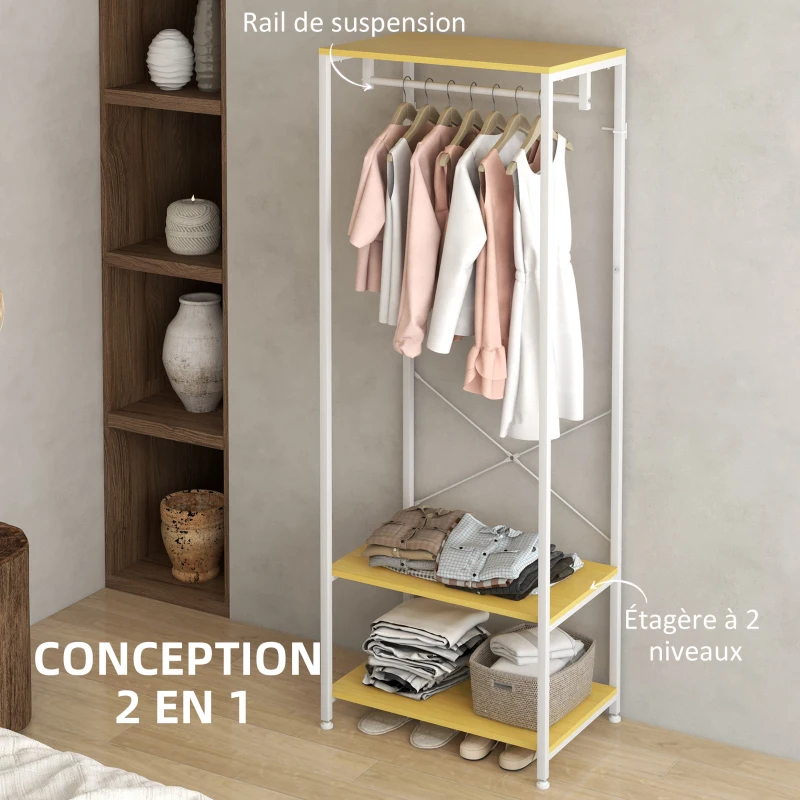 HOMCOM Porte-Manteaux avec tringle et 2 étagère à chaussures 60L x 40l x 167,5H cm Aspect bois naturel métal Blanc