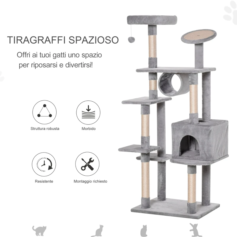 PawHut Albero Tiragraffi a Colonna da 165cm con Graffiatoio e Trespoli per Gattini e Gatti Adulti di Max. 4.5kg, Grigio, 60x50x165cm