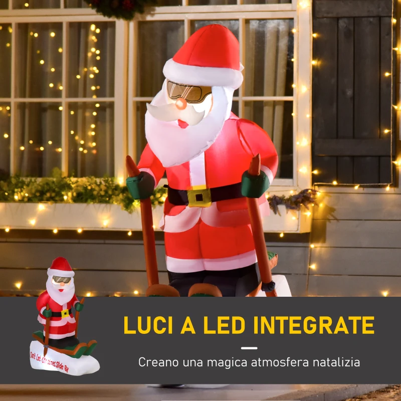 HOMCOM Babbo Natale Gonfiabile sugli Sci 124cm con 2 Luci LED e Gonfiatore, Decorazione Natalizia da Esterno