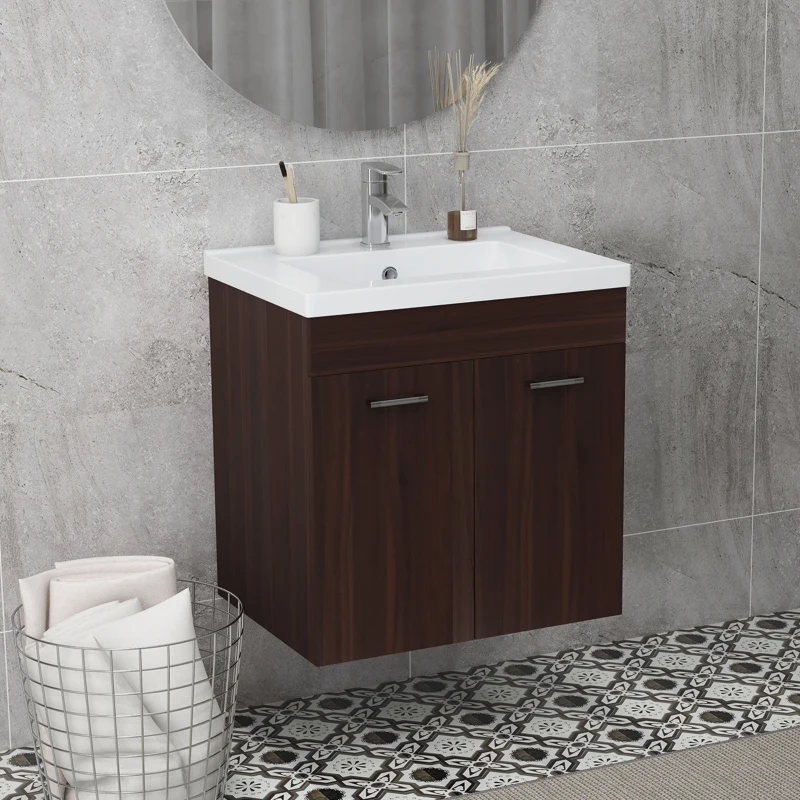 kleankin Mueble de Baño con Lavabo Cerámico Armario Bajo de Lavabo de Pared con 2 Puertas Estante Ajustable 60x45,5x60 cm Marrón