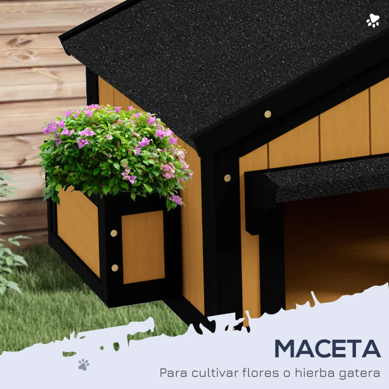 PawHut Caseta de Madera de Exterior para Gatos Casa para Gatos Refugio para Gatos de 2 Niveles 96x65x85,5 cm Natural