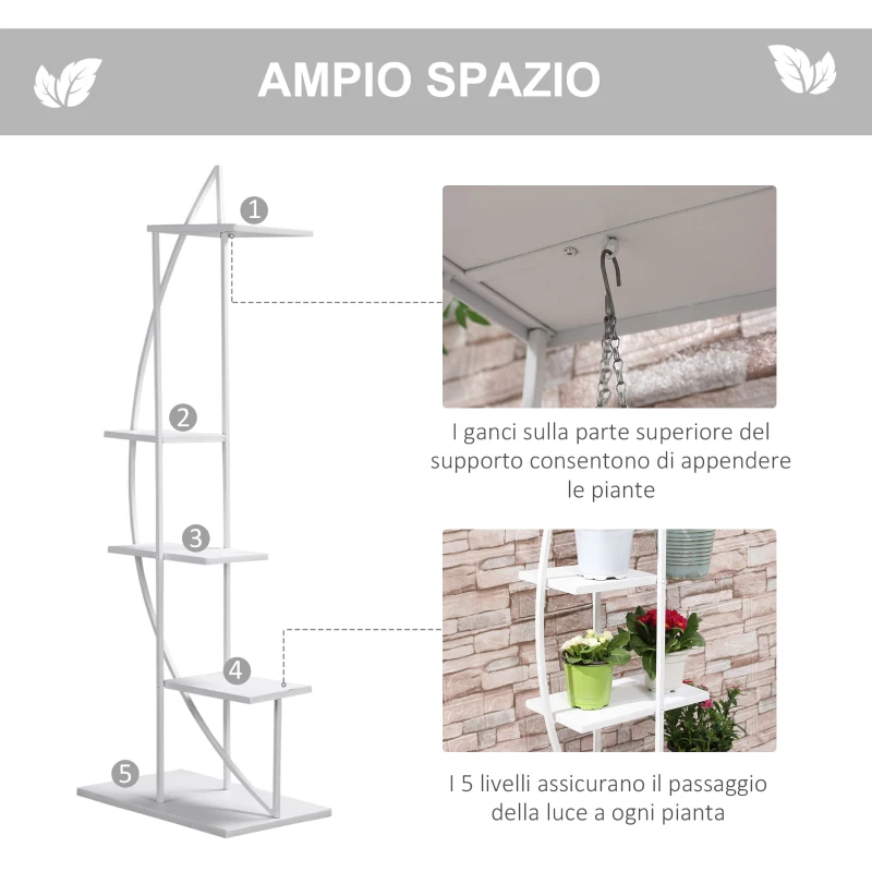 Outsunny Fioriera in Metallo a 5 Ripiani, 2 Pezzi, per Interni ed Esterni, 53x33x154cm, Bianco