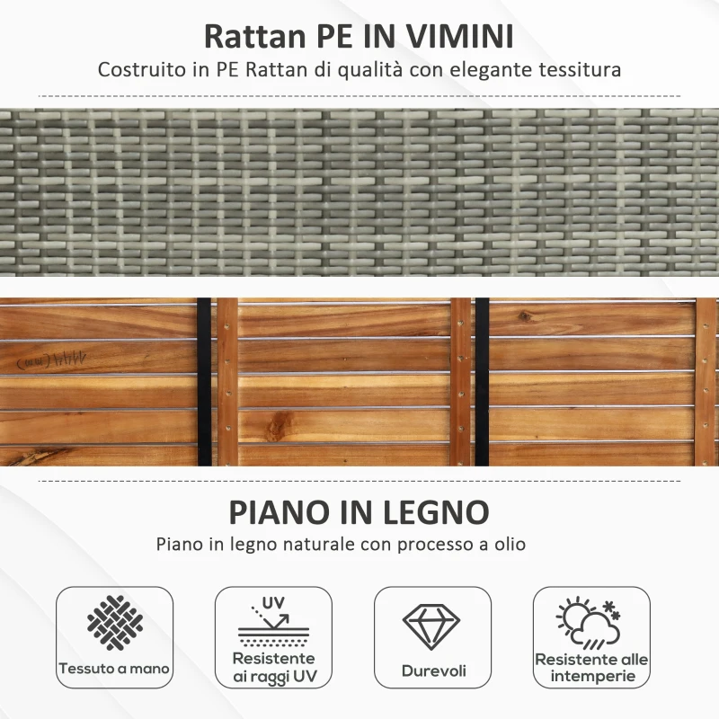 Outsunny Cassapanca da Esterno in Rattan Design 2 in 1, Baule da Esterno con Seduta in Legno, 121x50x50cm, Grigio