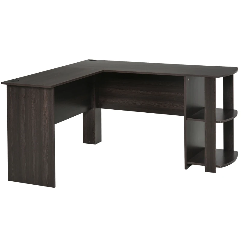 HOMCOM Bureau informatique bureau d'angle contemporain avec étagères en panneaux de particules idéal pour maison bureau dortoir 136 x 130 x 72 cm imitation wengé brun