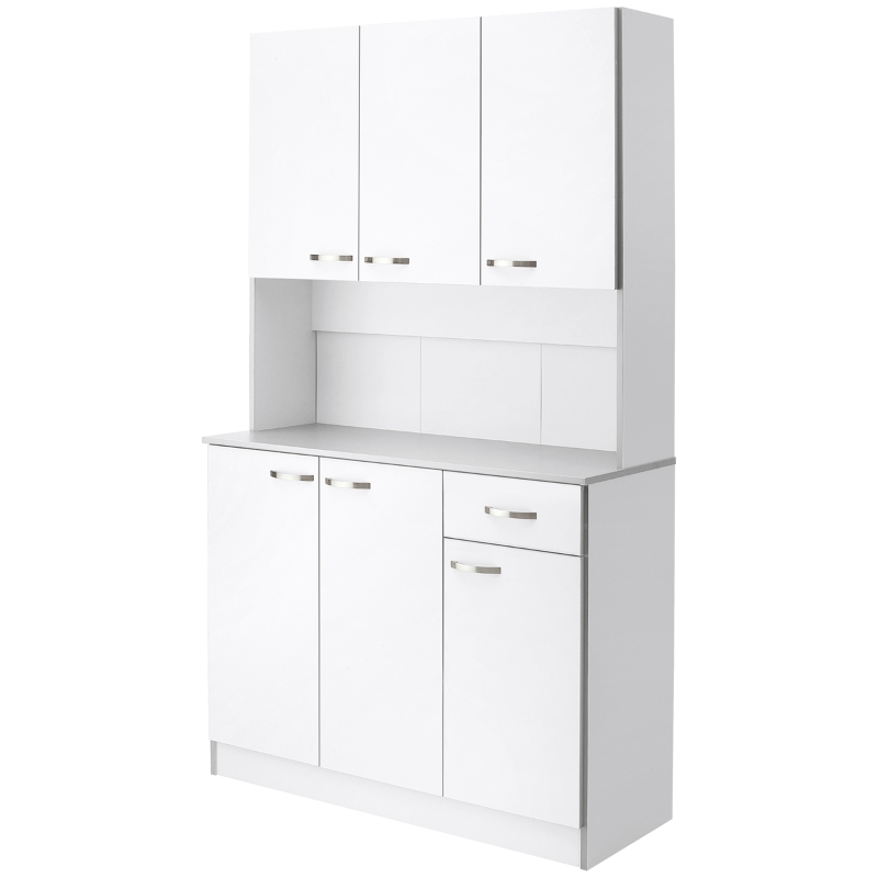 HOMCOM Buffet de cuisine armoire de cuisine contemporaine multi-rangements 6 portes 1 tiroir + grand plateau dim. 101L x 39l x 180H cm panneaux particules blanc gris