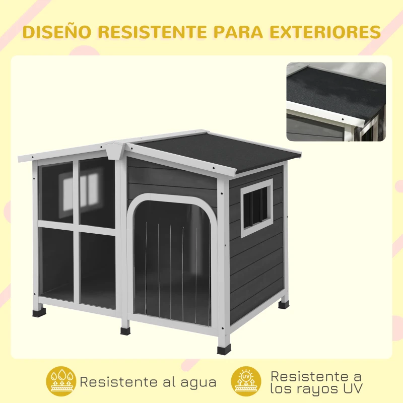 PawHut Caseta de Madera para Perros con Techo Abatible Frontal Acrílico y Puerta con Cortina 101x66,5x70,5cm Gris Oscuro