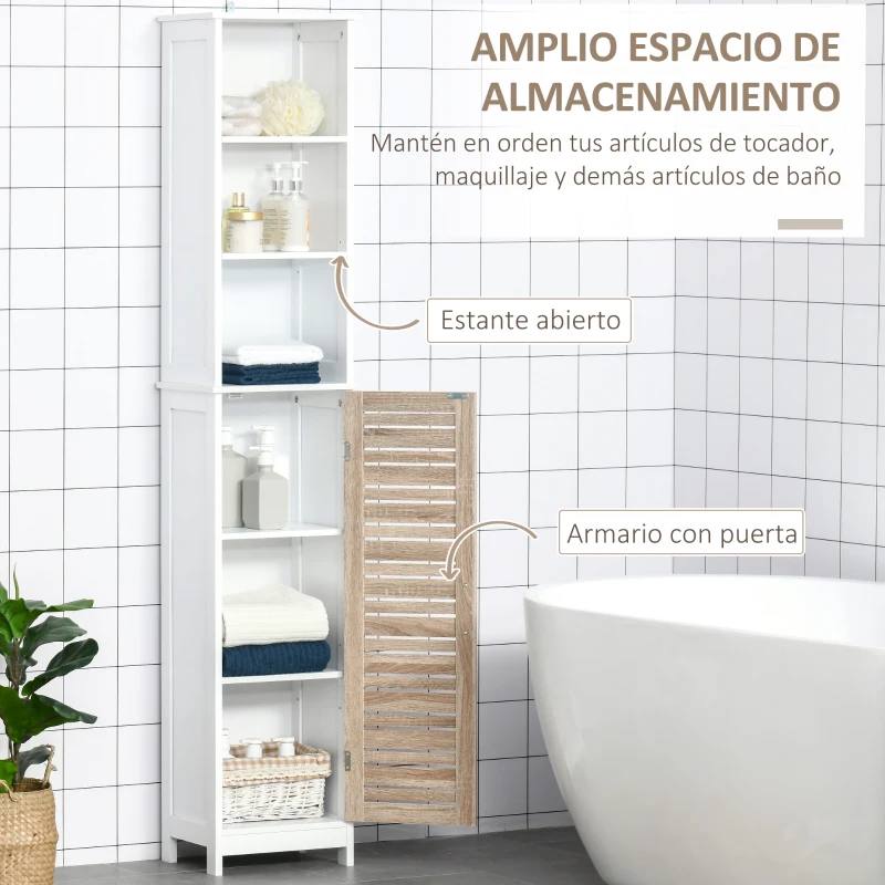 kleankin Armario Alto de Baño con Estantería de 6 Niveles 1 Puerta y Estantes Ajustables Mueble Auxiliar de Almacenaje para Salón Cocina Antivuelco 34x26x172 cm Blanco
