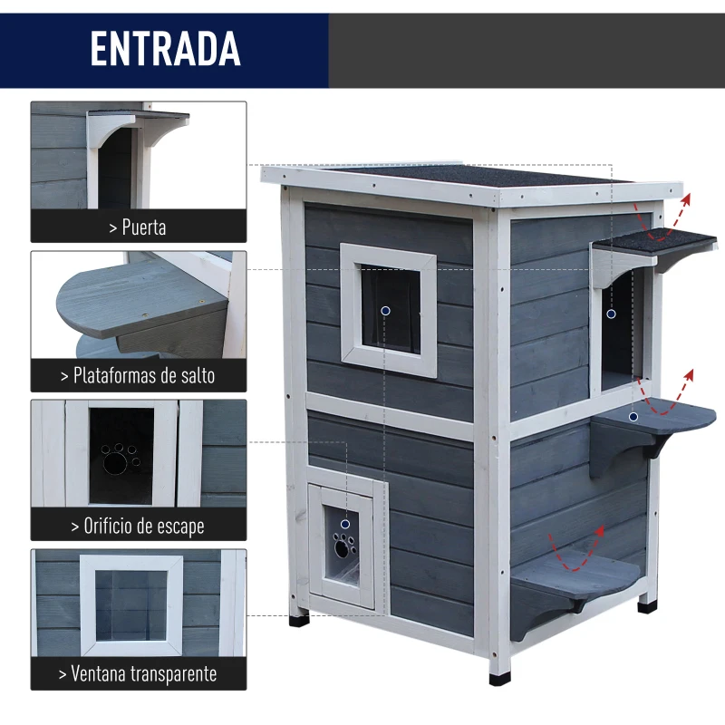 PawHut Caseta para Gatos de Madera Exterior Casa para Gatos de 2 Pisos con Techo Abrible Ventanas y 2 Plataformas para Terraza Balcón Jardín 51x51x81,3 cm Gris