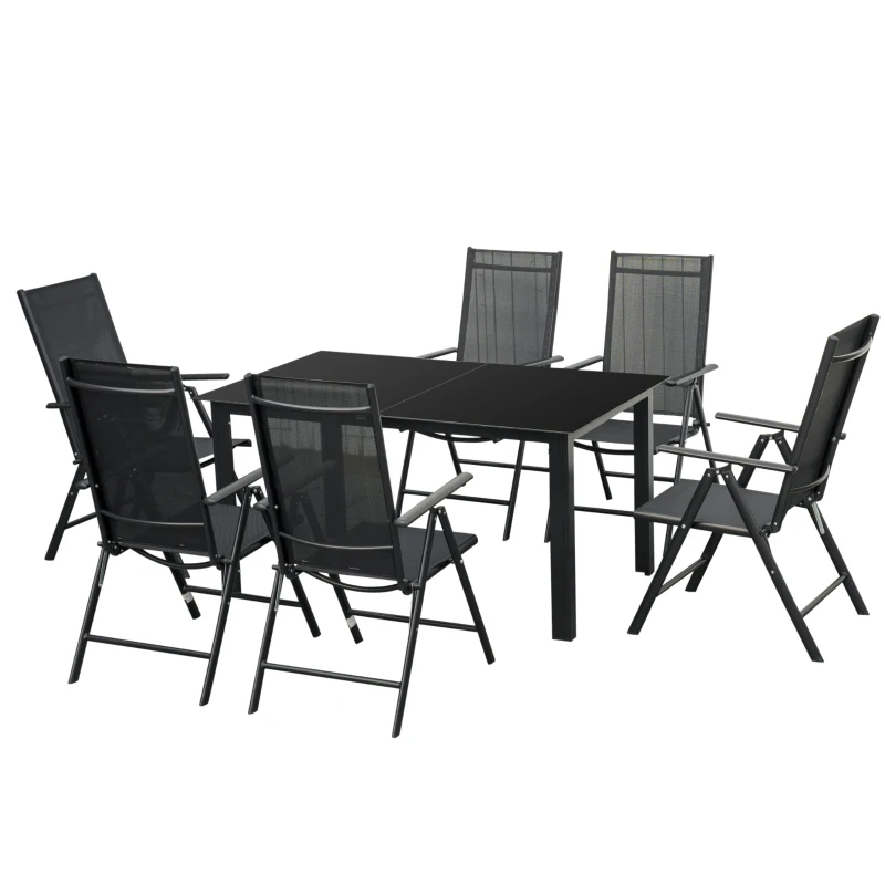 Outsunny Conjunto de Muebles de Jardín de Aluminio 7 Piezas con 6 Sillas Plegables y Reclinables Mesa de Vidrio Templado Negro