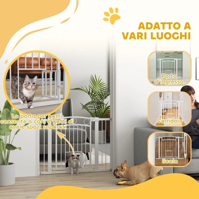 PawHut Cancellino per Cani Regolabile da 76-104 cm, Cancelletto di Sicurezza Alto 77 cm con 2 Estensioni, Bianco