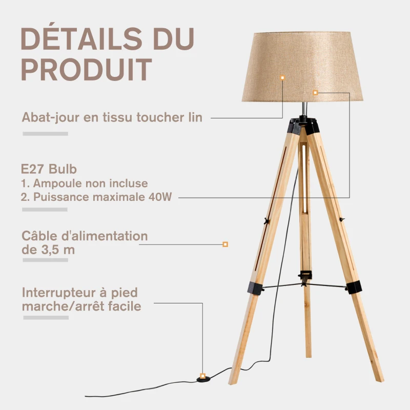 HOMCOM Lampadaire trépied hauteur réglable  65 x 65 x 99-143 cm lampe de sol 40 W  bois style nordique beige