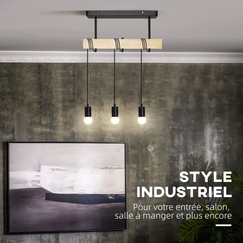 HOMCOM Suspension luminaire industriel lustre vintage en métal et barre bois 3 lumières hauteur réglable 50 x 8 x 33 cm noir
