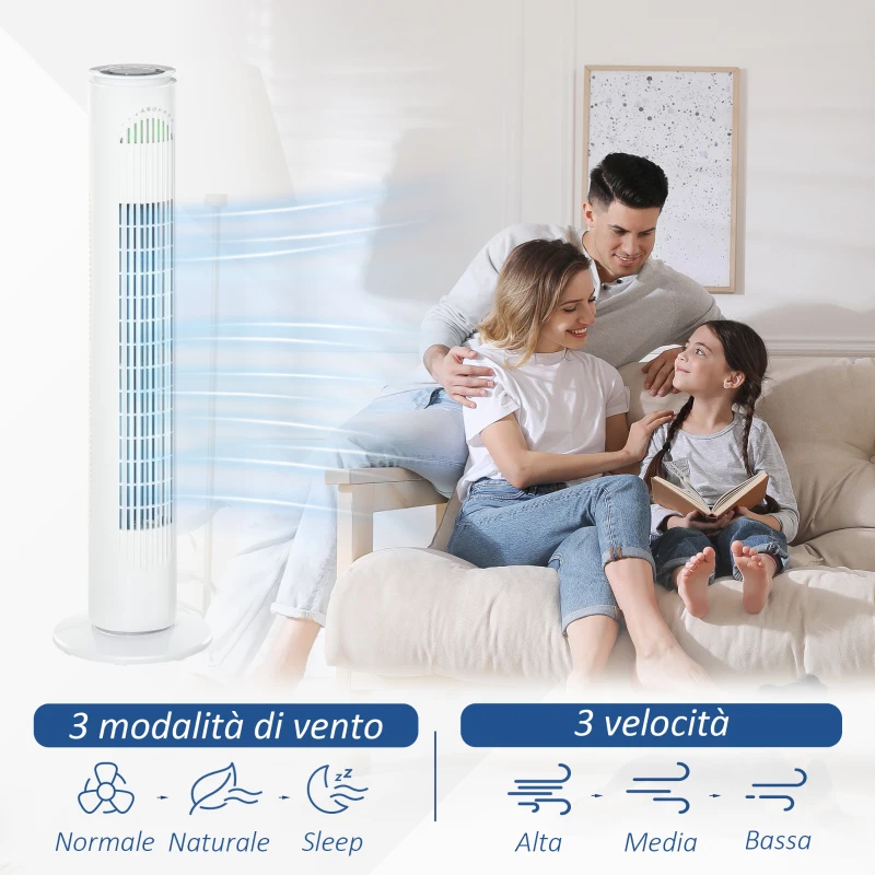 HOMCOM Ventilatore a Torre 45W a 3 Modalità e 3 Velocità con Timer da 10h, in ABS, Ø22 x 77A cm, Bianco